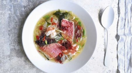 Red mullet, seaweed and prawn ‘rockpool’ soup with noodles