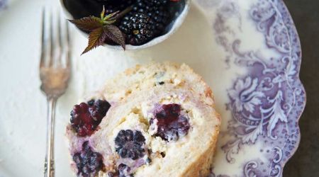 Blackberry and hazelnut meringue roulade