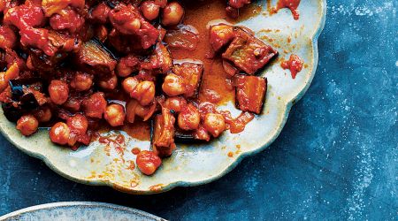 Roast Aubergines With Spiced Chickpeas And Tomatoes