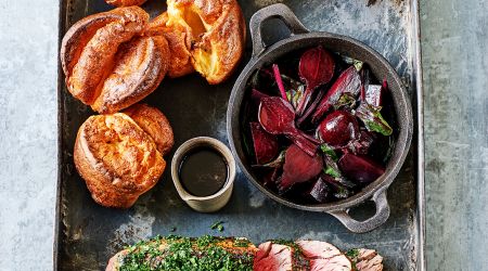 Herb Coated Beef With Beetroots  Yorkshire Puddings