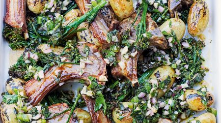 BBQ lamb chops Chimichurri sauce broccolini pots