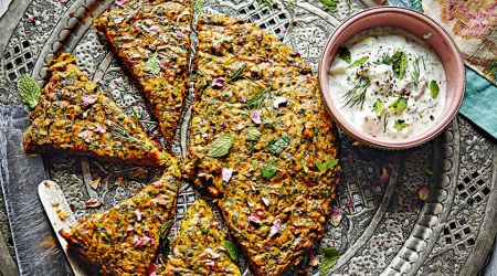 Kuku sibzamini (Persian-style saffron and sweet potato frittata) with yoghurt sauce