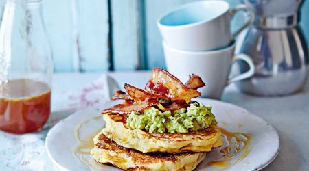 Fluffiest-ever American pancakes with bacon, maple-salted butter sauce and avocado