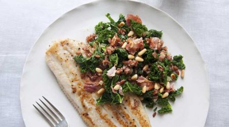 Grilled Dover sole with red rice, kale and crispy pancetta