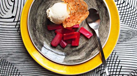 Rhubarb and salted nutmeg semifreddo with rosemary and black pepper tuiles