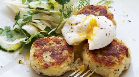 Hake frikkadel with fennel, cucumber and herb pickle and poached duck egg