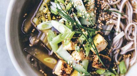 Miso soup with ginger, tofu, soba noodles and shiitake mushrooms