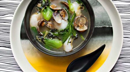 Cod cheeks and palourdes clams in ginger, lemongrass and wakame broth with pak choi and samphire