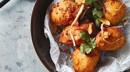 Corn and courgette cakes with chilli and coriander sambal