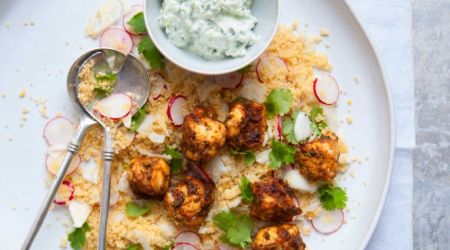 Chermoula-crusted monkfish brochettes with cucumber and mint sauce and couscous