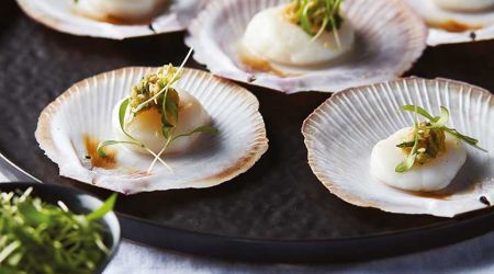 Steamed half-shell scallops with ginger shallot sauce