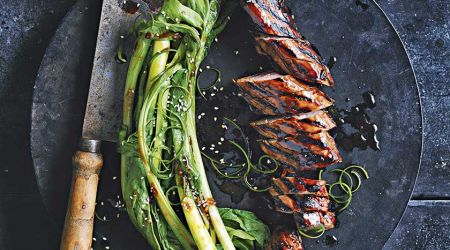 Sticky barbecued pork with Asian greens