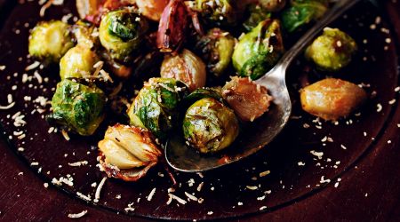 Honey-roasted Brussels sprouts and shallots with shaved chestnuts