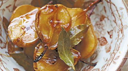 Pears baked with lemon, bay and marsala
