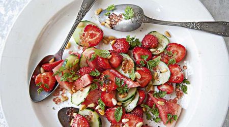 Strawberry, watermelon, prawn and herb salad