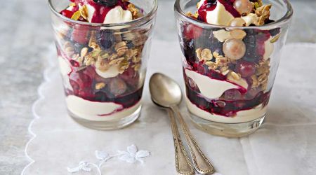 Summer cranachan with red, white and blackcurrants