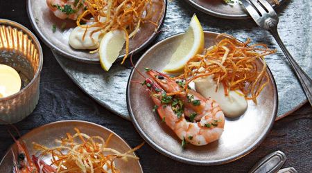 Gremolata king prawns with shoestring root fries and aïoli