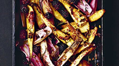 Roast parsnips with blackberries, honey chicory and rye flakes