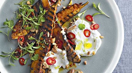 Harissa-glazed aubergine with coconut and peanuts