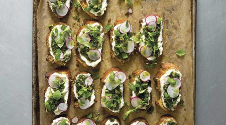 Crostini with Greek yoghurt and pounded chickweed