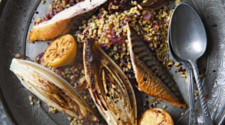 Grilled chicory with freekeh