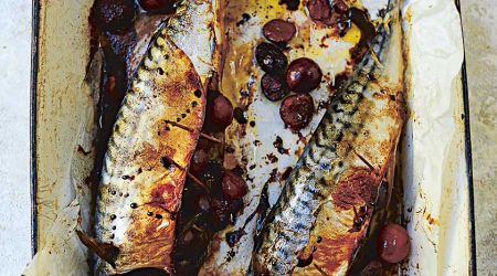 Baked mackerel with wild cherries