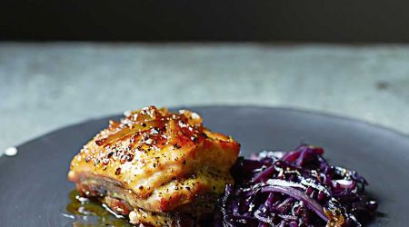 Grapefruit marmalade pork belly with caramelised red cabbage