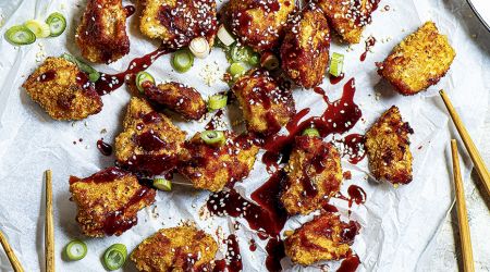 Korean Popcorn Chicken with a Pickled Cucumber and Radish Salad