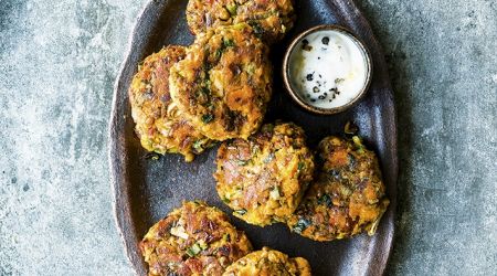 Sweet potato and lentil fritters with garlic yoghurt