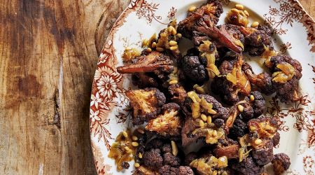 Fried cauliflower with caramelised onion currants and pine nuts p 94