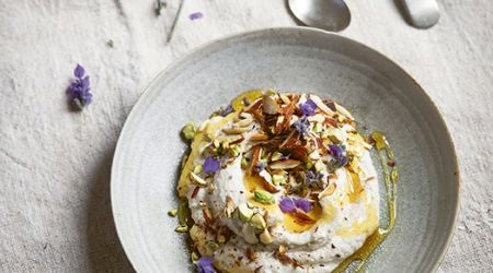 Almond ricotta with toasted almonds lavender coconut syrup