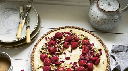 Raspberry vanilla crème tart with rose spiced crust