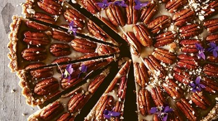 Caramel crème pecan tart with cinnamon maple crust