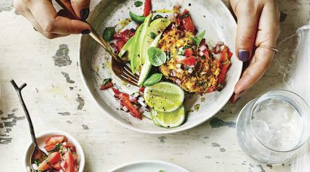 Sweetcorn fritters with tomato salsa and avocado