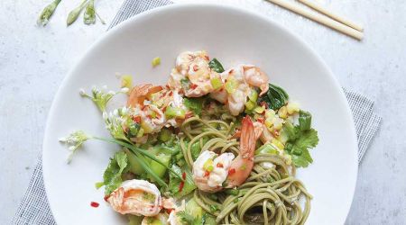 Curly prawns with spring onions, ginger, chilli and green tea noodles