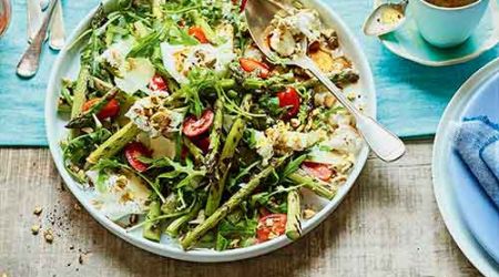 Asparagus, burrata and pistachio salad with vincotto