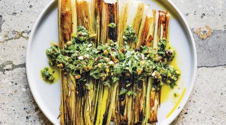 Pan Roasted Leeks With Currants and Pistachio-Sorrel Gremolata