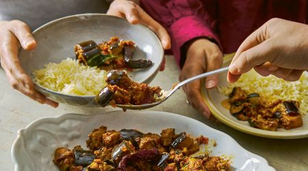 Aubergine and Coconut Gravy with Curry leaves Garlic and Chilli Haarala Hamilton
