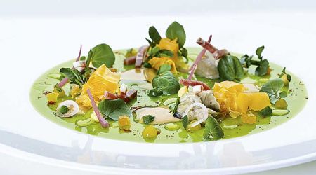 Auster Und  Wollschweinschinken Mit  Mimolette  Wasserkresse Und  Doerraprikosen    The  Restaurant